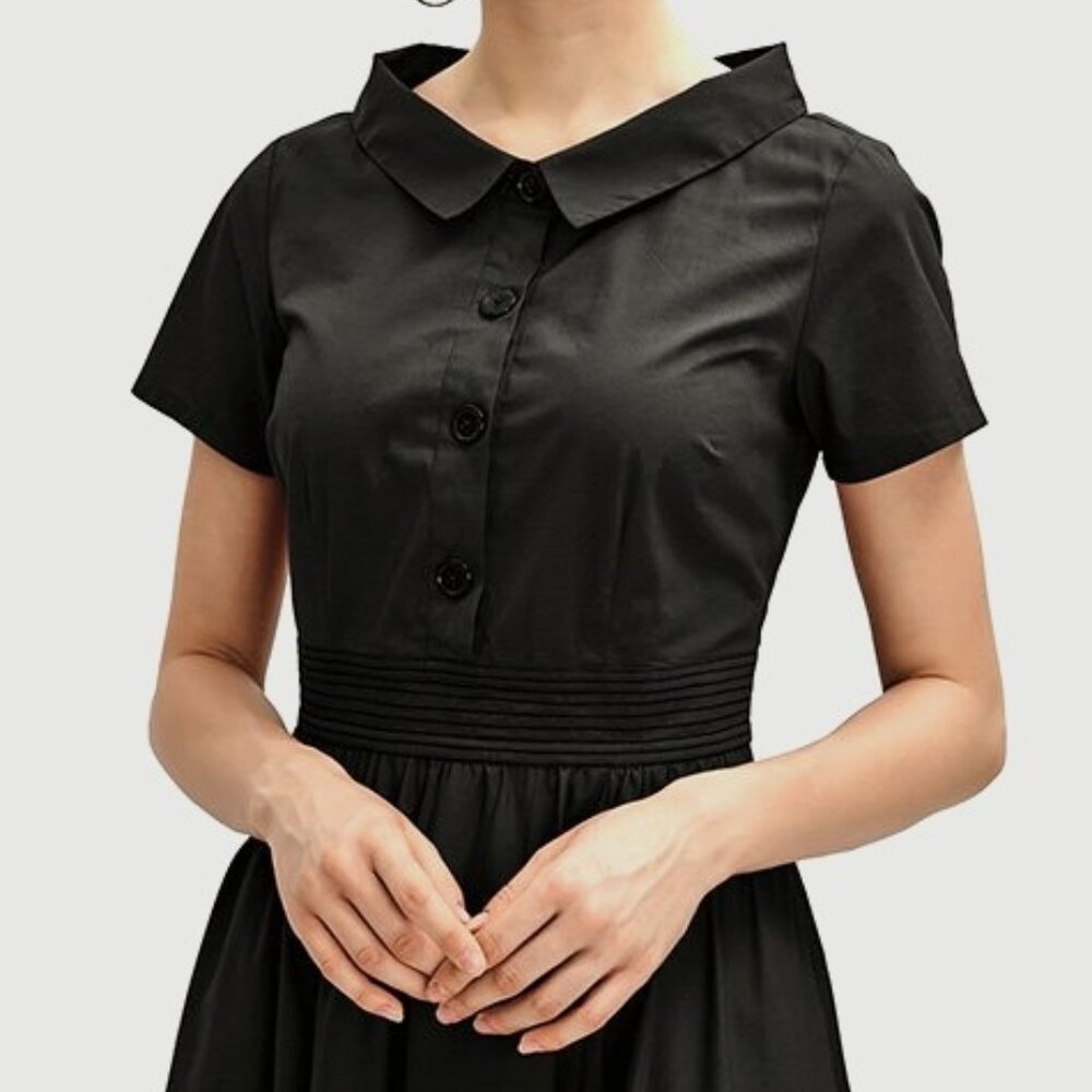 Black Wide Collar Cotton Vintage Style Poplin Shirtdress